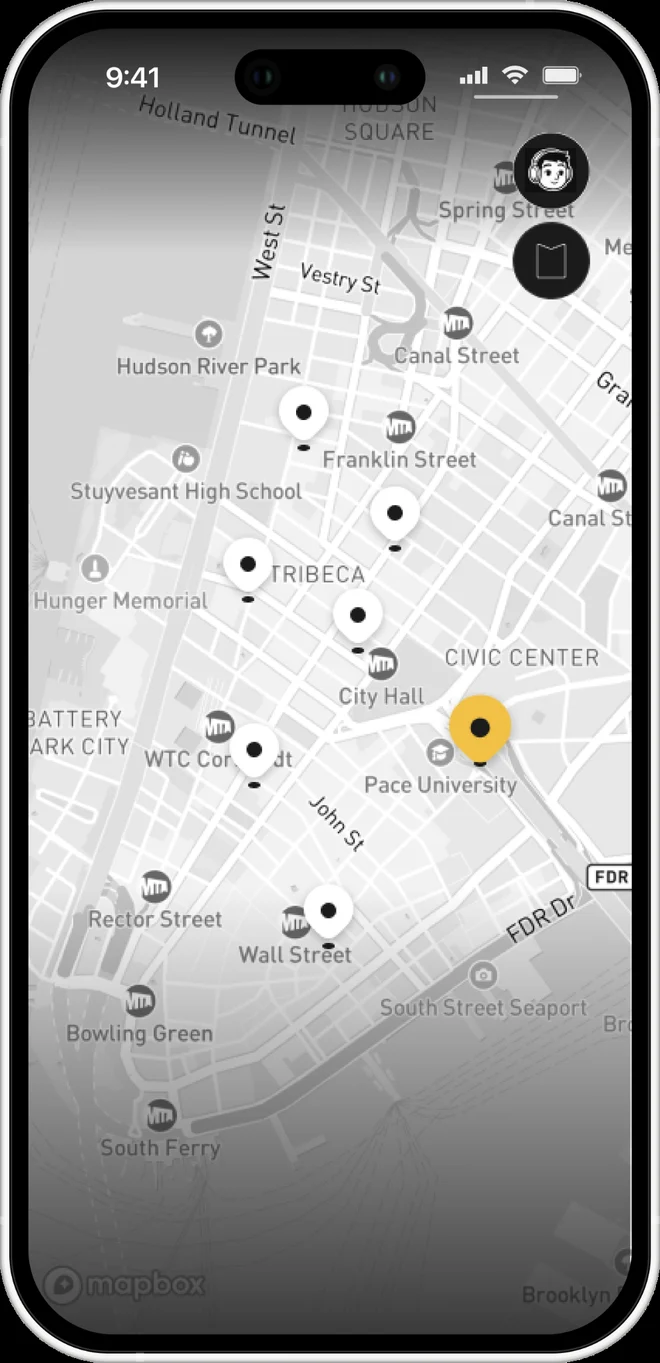 IMRSY app preview showing story locations on a New York map